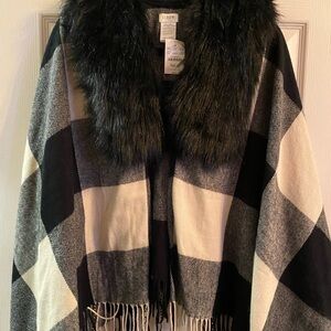 J. Crew Faux-fur Cape-Scarf One Size NWT Black White Buffalo Plaid AG527 Fringe